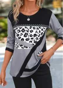 Modlily Grey Patchwork Leopard Long Sleeve Round Neck T Shirt - 3XL