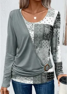 Modlily Grey Patchwork Long Sleeve Scoop Neck T Shirt - XL