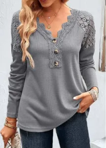Modlily Grey Patchwork Long Sleeve V Neck T Shirt - L #1186881