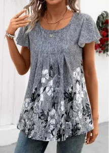 Modlily Grey Pleated Floral Print Short Sleeve T Shirt - M