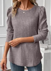 Modlily Grey Ruched Long Sleeve Round Neck T Shirt - L