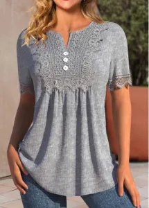 Modlily Grey Ruched Short Sleeve Split Neck T Shirt - M