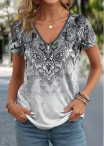 Modlily Grey Tribal Print Short Sleeve V Neck T Shirt - XL