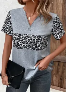 Modlily Grey Zipper Leopard Short Sleeve T Shirt - M