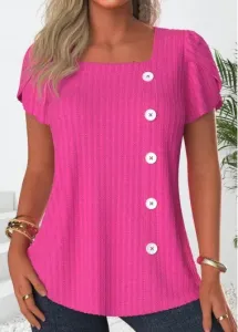Modlily Hot Pink Button Short Sleeve Square Neck T Shirt - M