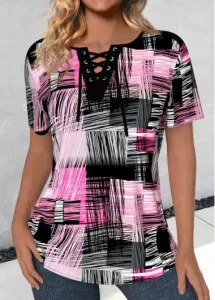 Modlily Hot Pink Lace Up Geometric Print T Shirt - L
