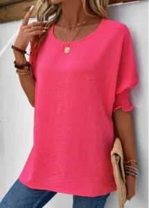 Modlily Hot Pink Smocked Half Sleeve T Shirt - L