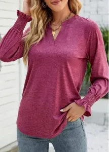 Modlily Hot Pink Smocked Long Sleeve Split Neck T Shirt - XL