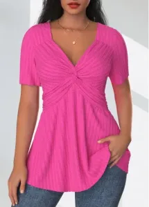 Modlily Hot Pink Textured Fabric Short Sleeve T Shirt - L