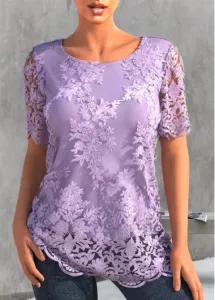 Modlily Lace Embroidered Light Purple 3/4 Sleeve T Shirt - M