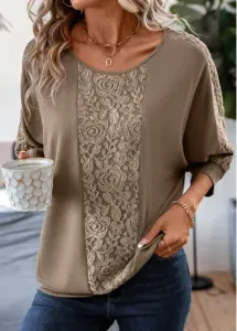 Modlily Lace Light Coffee Patchwork T Shirt - XL