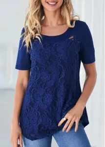 Modlily Lace Stitching Navy Blue Cross Strap T Shirt - S