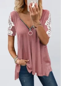 Modlily Lace Stitching V Neck Short Sleeve T Shirt - S #165053