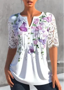 Modlily Lace Stitching White Butterfly Print T Shirt - L