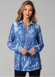 Modlily Lace Up Printed Long Sleeve Turndown Collar T Shirt - M