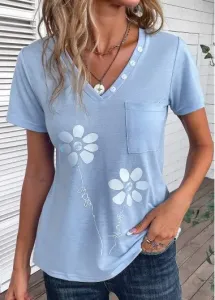 Modlily Light Blue Button Floral Print T Shirt - 2XL