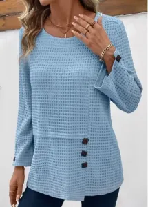 Modlily Light Blue Button Long Sleeve Round Neck T Shirt - XL