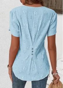 Modlily Light Blue Button Short Sleeve Split Neck T Shirt - XL