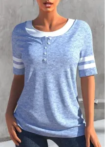Modlily Light Blue Button Short Sleeve T Shirt - L