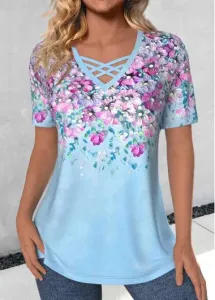 Modlily Light Blue Criss Cross Floral Print T Shirt - L