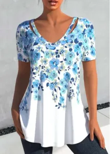 Modlily Light Blue Cut Out Floral Print T Shirt - S
