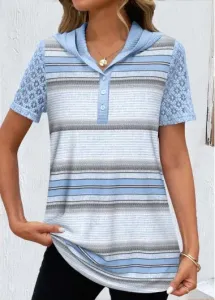 Modlily Light Blue Lace Striped Short Sleeve T Shirt - L