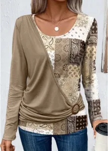 Modlily Light Camel Asymmetry Patchwork Long Sleeve T Shirt - XL