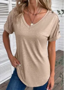 Modlily Light Camel Button Short Sleeve T Shirt - L