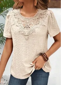 Modlily Light Camel Embroidery Short Sleeve Round Neck T Shirt - S