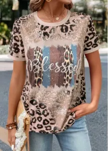 Modlily Light Camel Patchwork Leopard Short Sleeve T Shirt - XL #987551