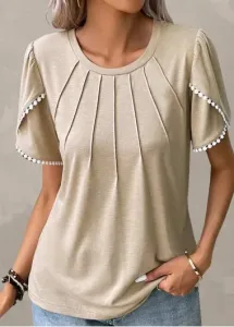 Modlily Women Light Camel Shirt Patchwork Round Neck Ruffle Short Sleeve T Shirt - L