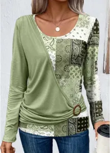 Modlily Light Green Asymmetry Patchwork Long Sleeve T Shirt - XXL