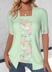 Modlily Light Green Fake 2in1 Floral Print T Shirt - S