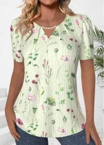 Modlily Light Green Pearl Floral Print Short Sleeve T Shirt - S