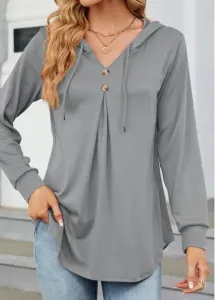 Modlily Light Grey Button Long Sleeve Hooded T Shirt - L