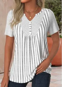 Modlily Light Grey Button Striped Short Sleeve T Shirt - XXL