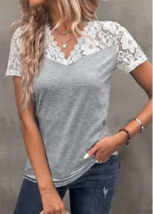 Modlily Light Grey Marl Lace Short Sleeve T Shirt - XL