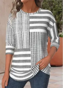 Modlily Light Grey Marl Striped Long Sleeve T Shirt - M