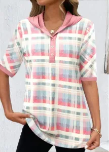Modlily Light Pink Button Plaid Half Sleeve T Shirt - L
