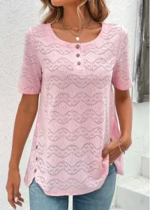 Modlily Light Pink Button Short Sleeve T Shirt - XXL