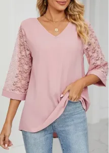 Modlily Light Pink Lace Half Sleeve T Shirt - L #961321