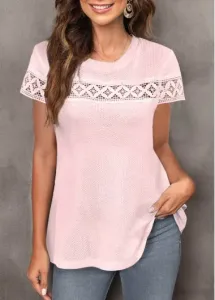 Modlily Light Pink Lace Short Sleeve Round Neck T Shirt - L #899667