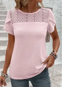 Modlily Light Pink Lace Short Sleeve Round Neck T Shirt - M #1324791