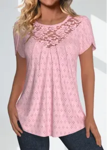 Modlily Light Pink Lace Short Sleeve Round Neck T Shirt - XXL #1282621
