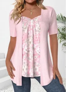 Modlily Light Pink Patchwork Floral Print Short Sleeve T Shirt - XL