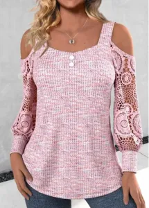 Modlily Light Pink Patchwork Long Sleeve Square Neck T Shirt - XXL