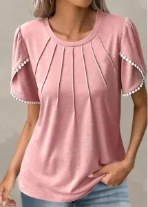 Modlily Light Pink Patchwork Short Sleeve T Shirt - S #869198