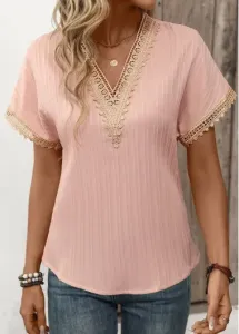 Modlily Light Pink Patchwork Short Sleeve V Neck T Shirt - L