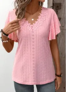 Modlily Light Pink Patchwork Short Sleeve V Neck T Shirt - S