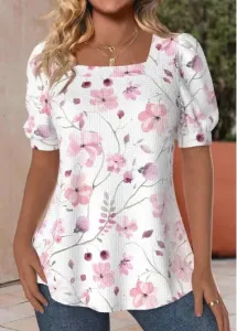 Modlily Light Pink Textured Fabric Floral Print T Shirt - L